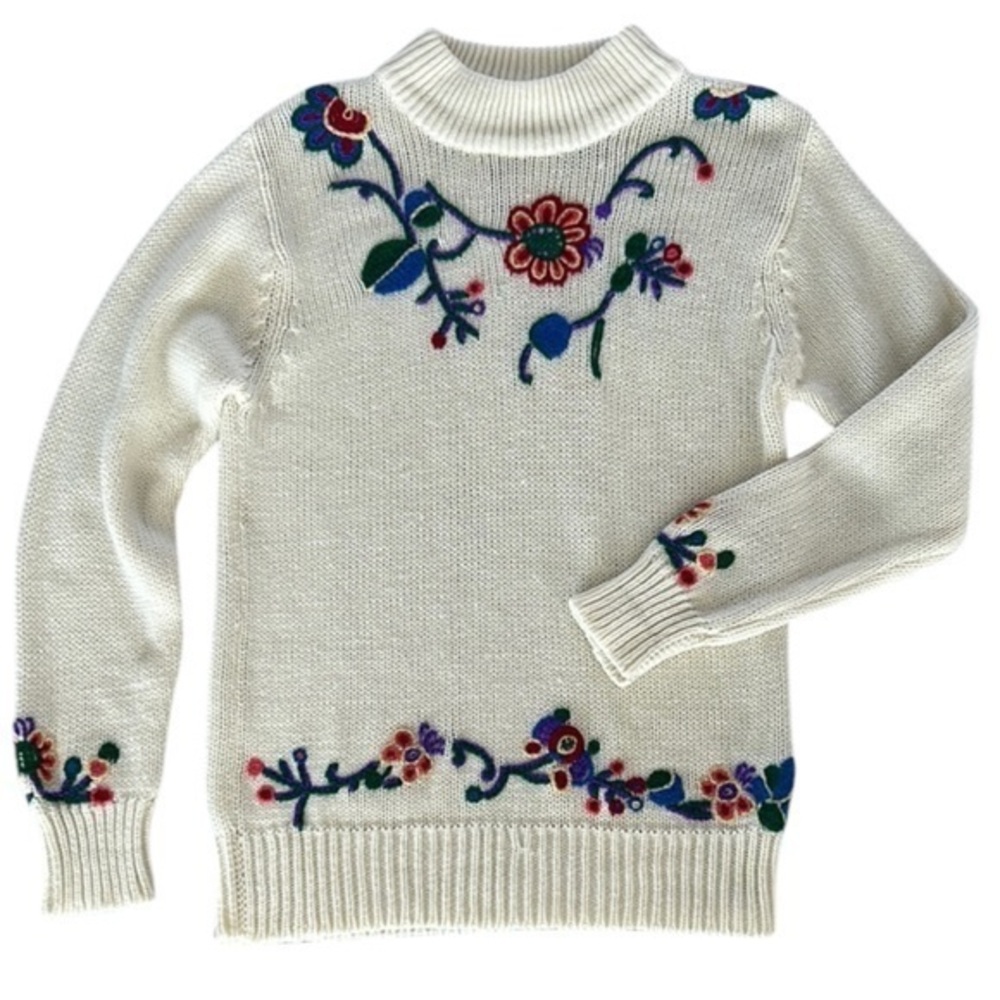 vintage hand knit Floral Embroidered Sweater - Cream size small